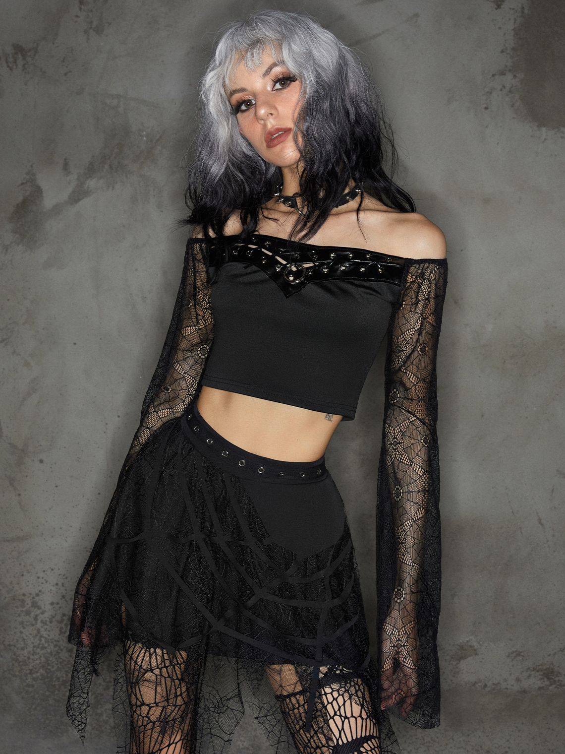 Punk Black Lace Up Patchwork Mesh Halloween Top Women Top