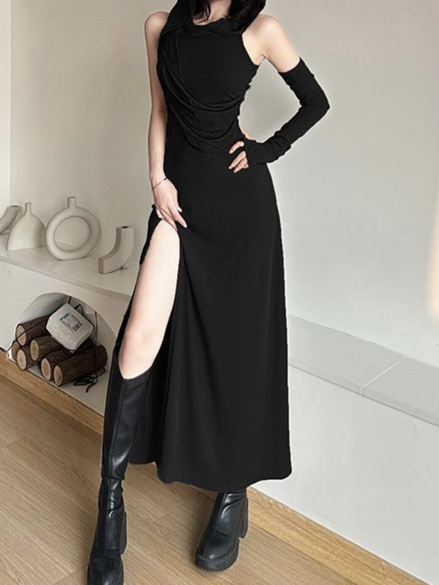 Arm Sleeves Hoodie Plain Maxi Dress