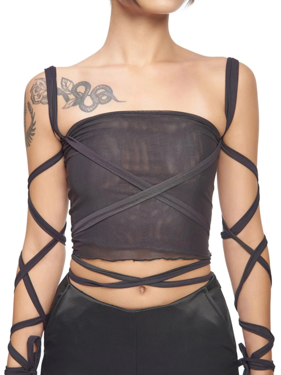 Y2K Deep Gray Lace-Up Design Tie-Up Top Tank Top & Cami