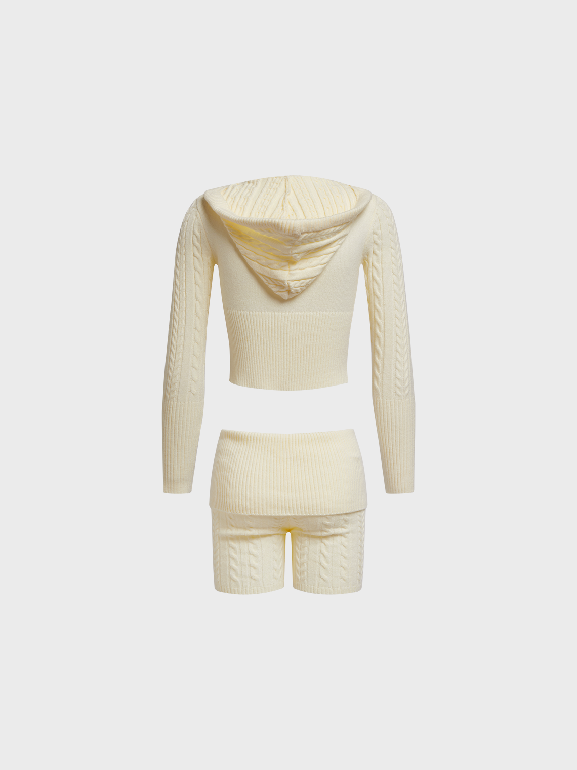 Knitted Hooded Zipper Plain Cardigan With Shorts Two-Piece Set