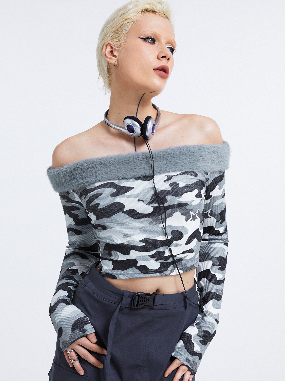 Street Gray Camo Boat Neck Top Women Top