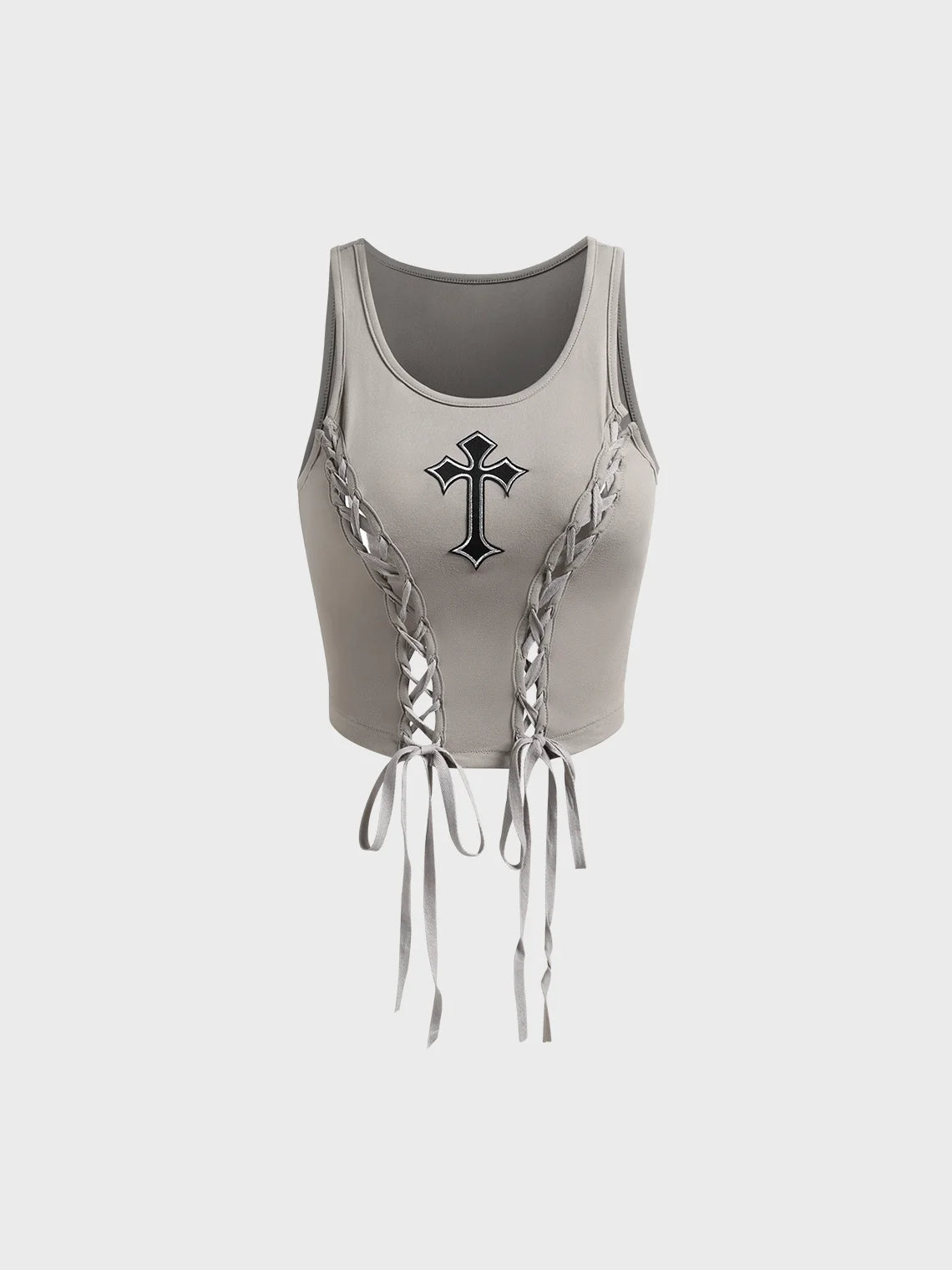 Cross Embroidery Lace Up Crew Neck Plain Tank Top