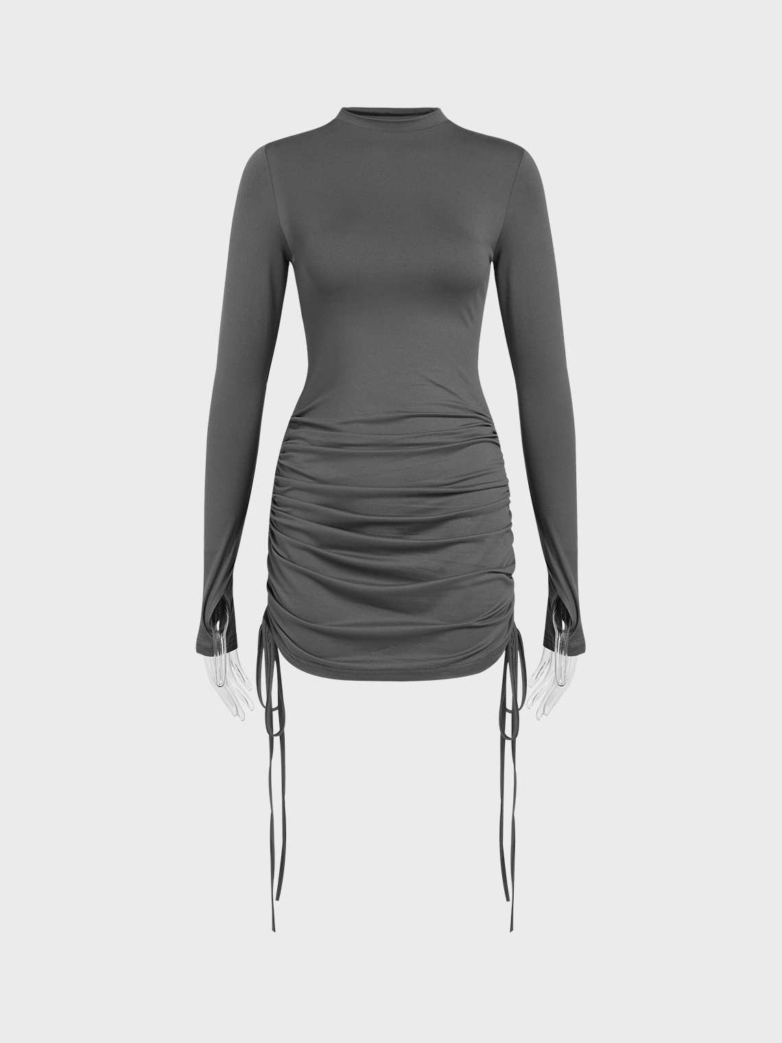 Drawstring Stand Collar Ruched Plain Long Sleeve Short Dress