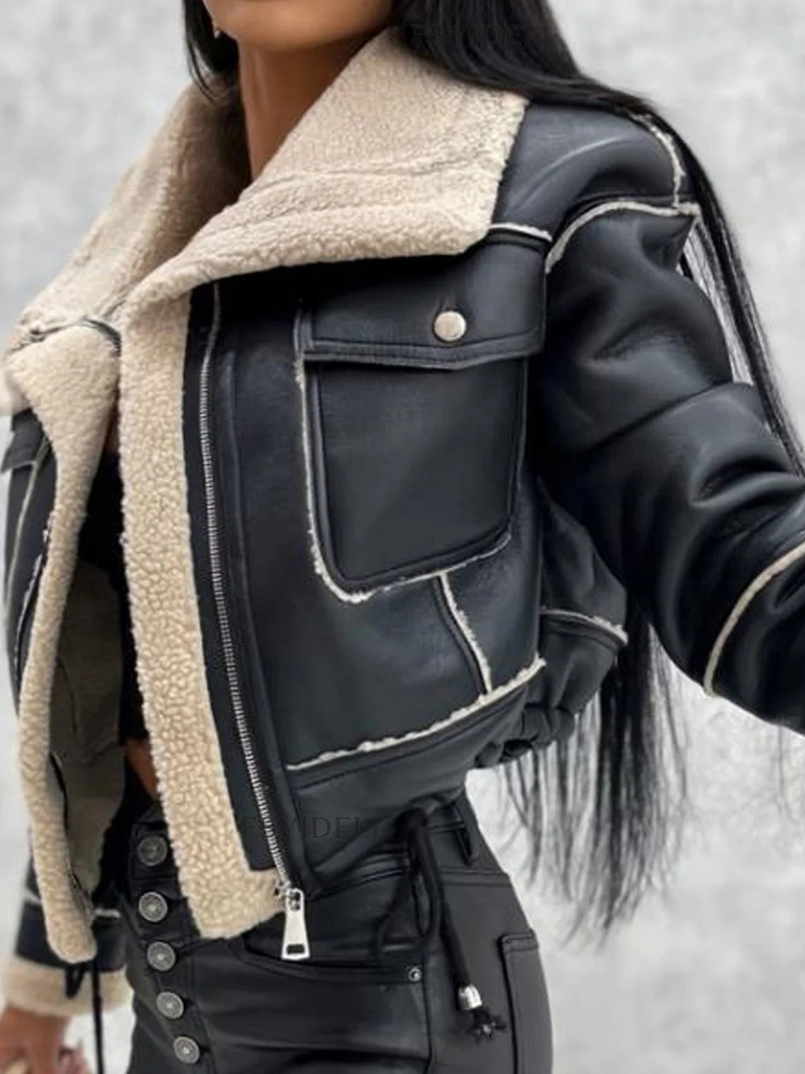 PU Plain Pocket Shawl Collar Biker Jacket