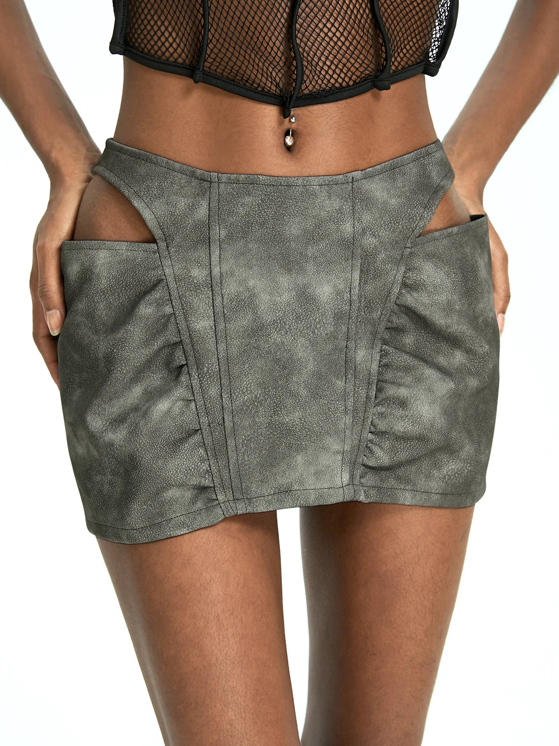 Edgy Gray PU Cut out Bottom Shorts