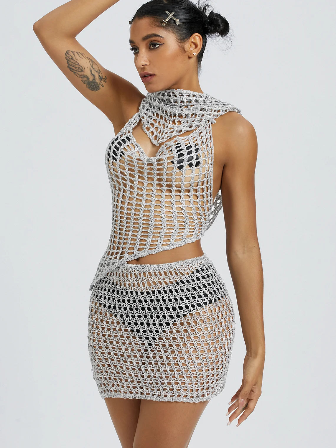 Mesh BlingBling Backless Asymmetrical Plain Top With Skirt Matching Set