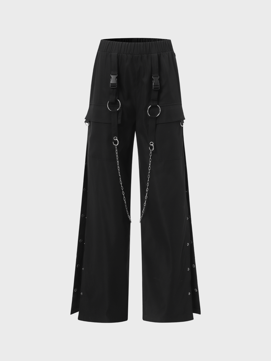 Street Black Side Slit Cut Out Metal Chain Bottom Pants