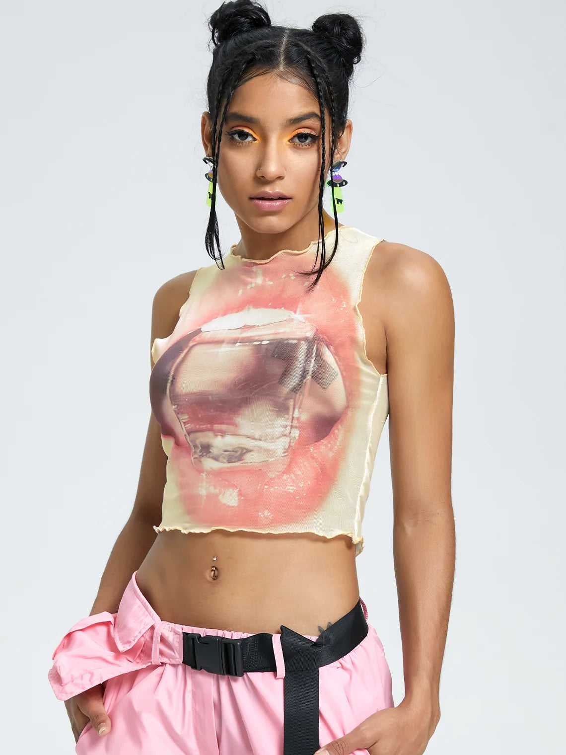 Y2k Pink Mesh Lips Top Tank Top & Cami