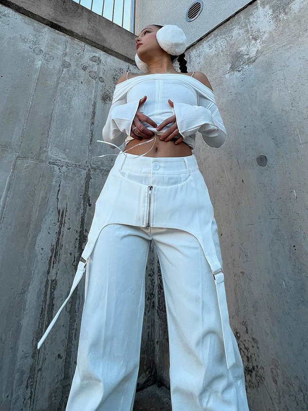 Street White Double Layer Metal Bottom Pants