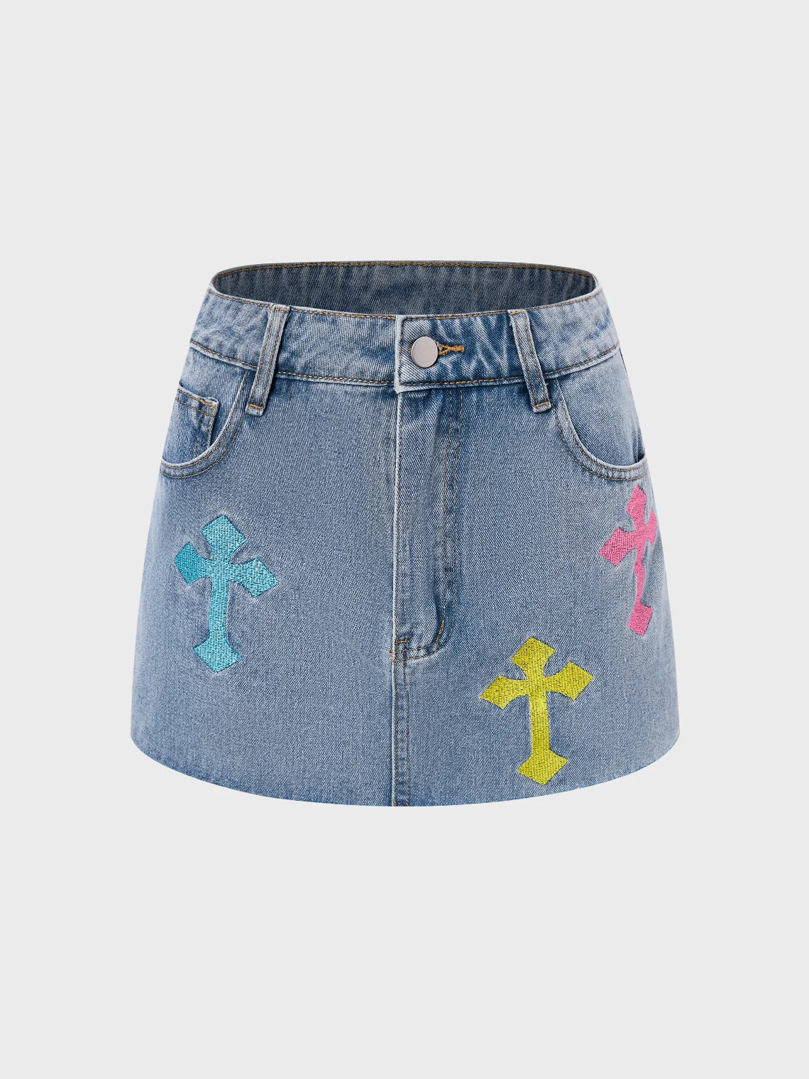 Street Blue Cross embroidery Denim Raw edge Bottom Skirt