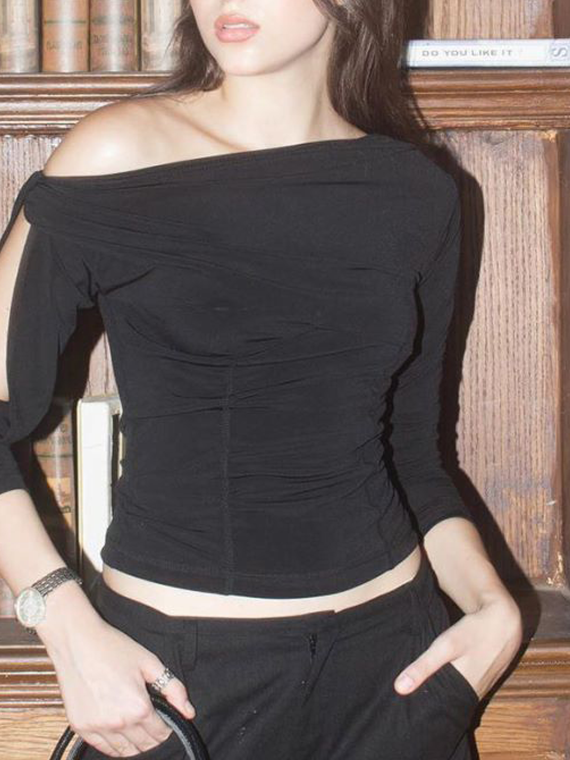 Cut Out One Shoulder Plain Long Sleeve Shirt