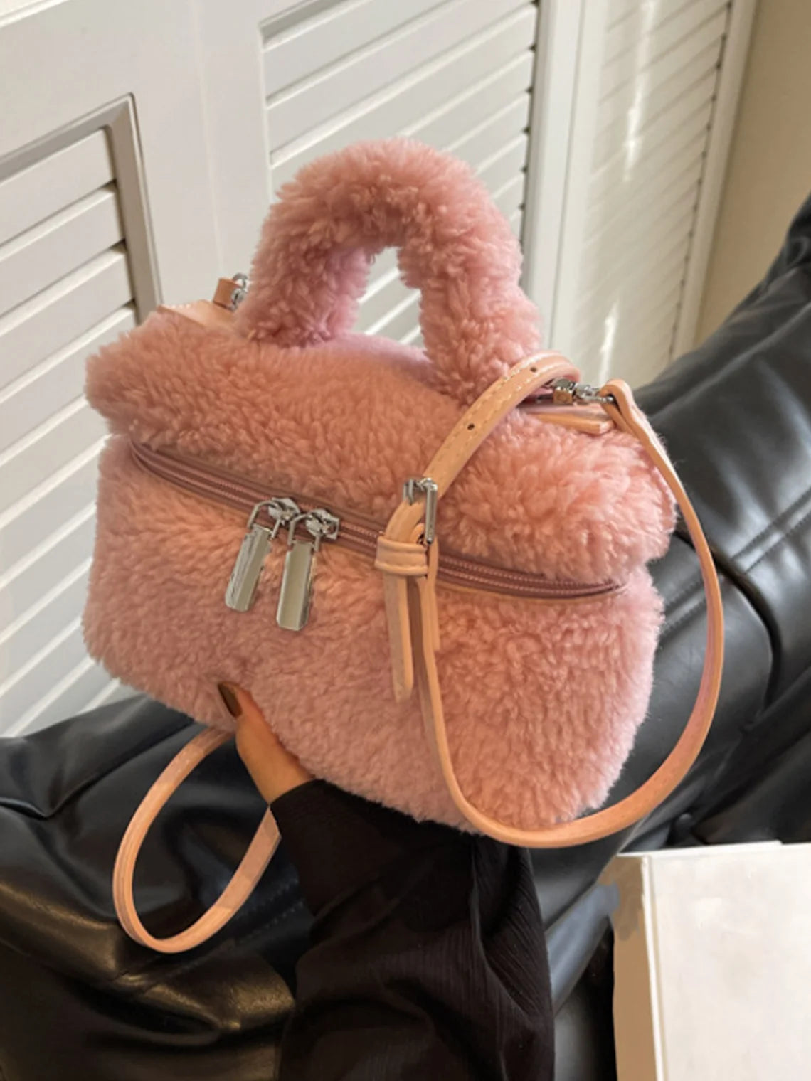 Artificial Fur Plain Shoulder Bag