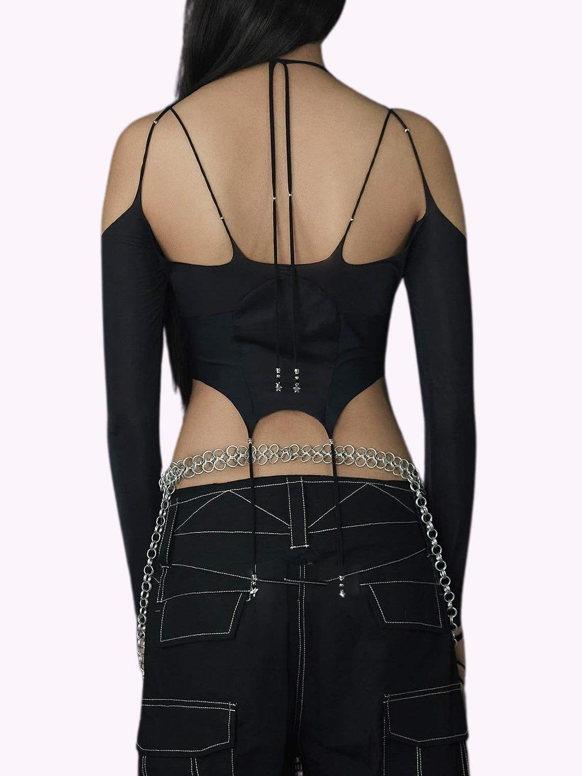 Y2K Black Lace-Up Design Cut Out Irregular Hem Top Women Top