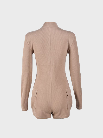 Zipper Stand Collar Pocket Plain Long Sleeve Romper