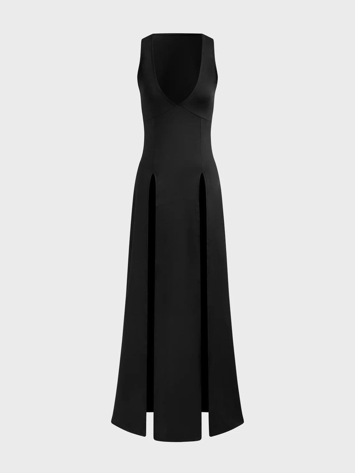 Side Slit V Neck Plain Sleeveless Maxi Dress