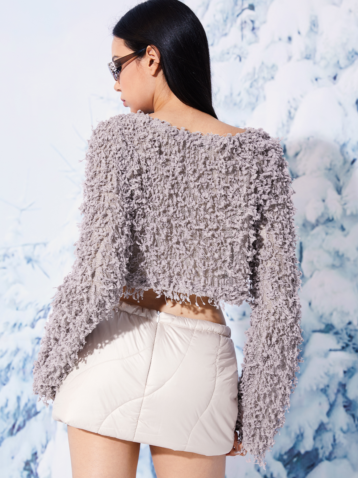 Fuzzy Jacquard Texture Crew Neck Plain Long Sleeve Sweatshirt