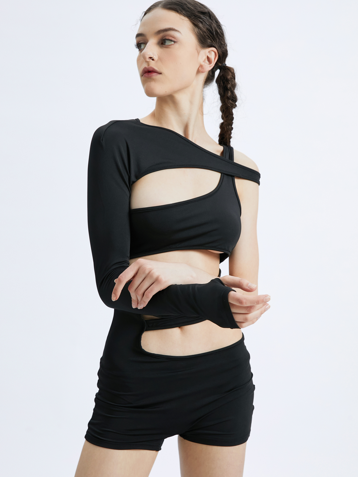 Edgy Black Asymmetrical Design Arm Sleeves Cyberpunk Romper