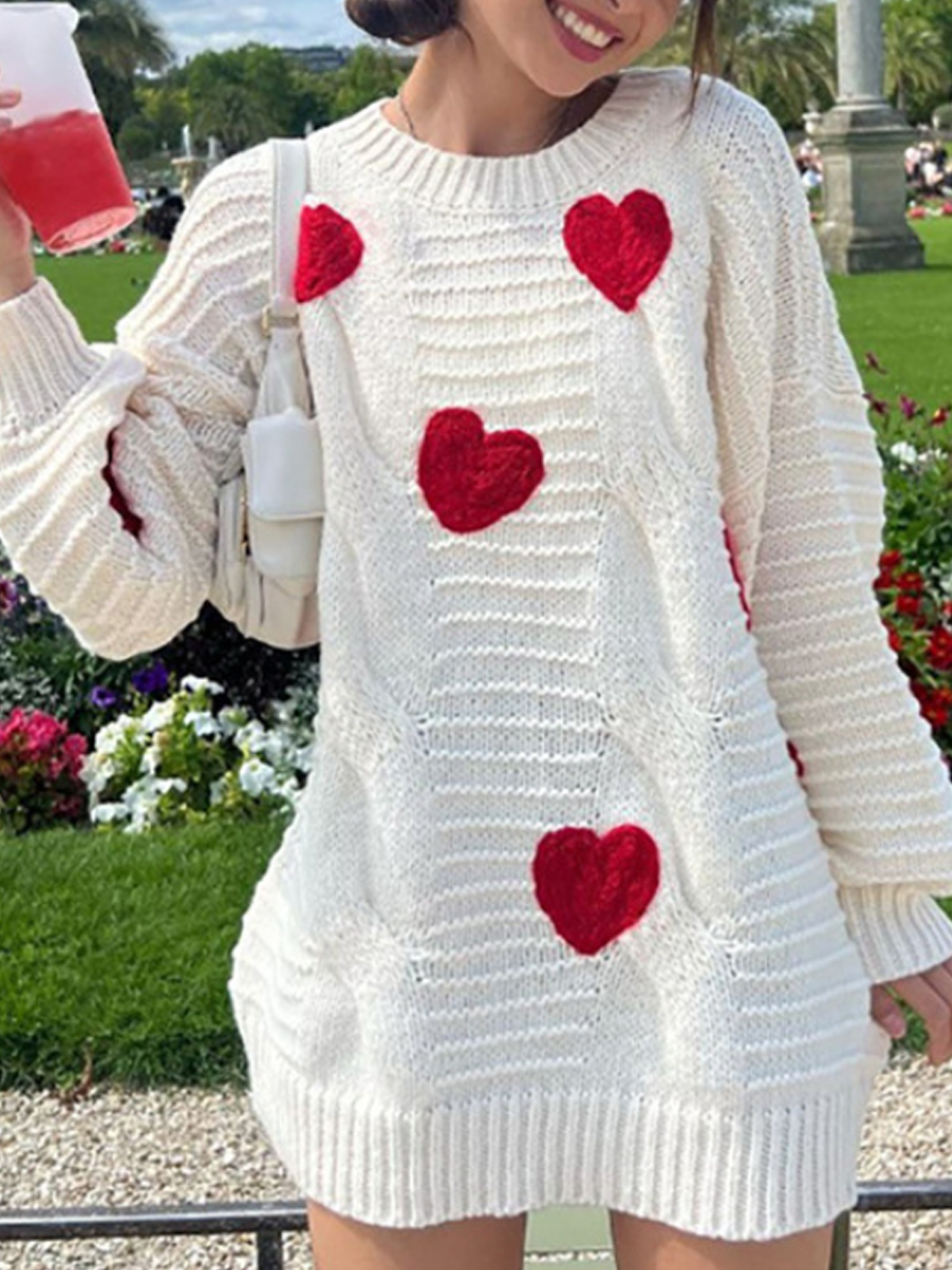 Embroidery Crew Neck Heart Long Sleeve Sweater