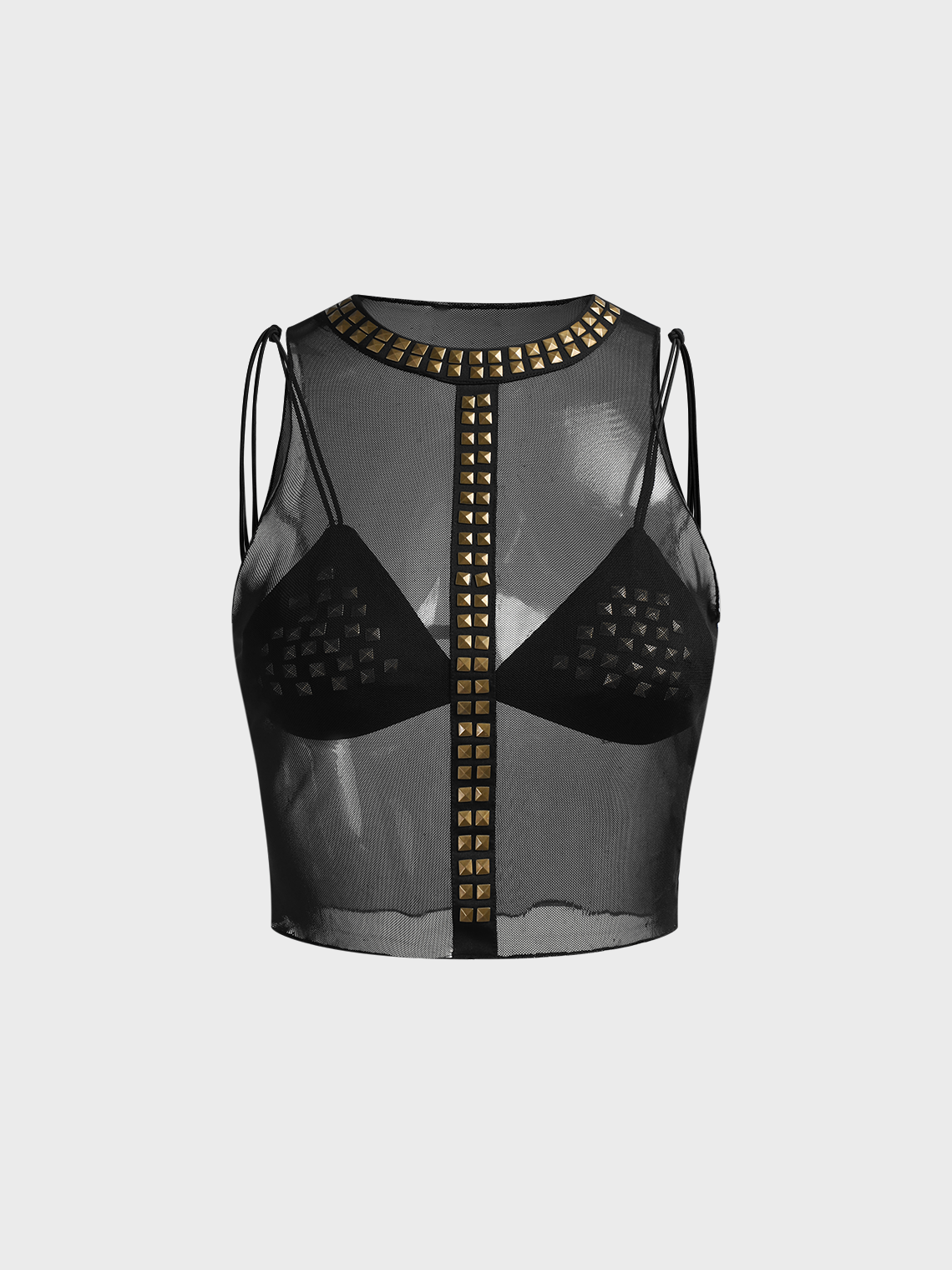 Studs Sheer Two Piece Suit Mesh Metal Plain Two-Piece Set