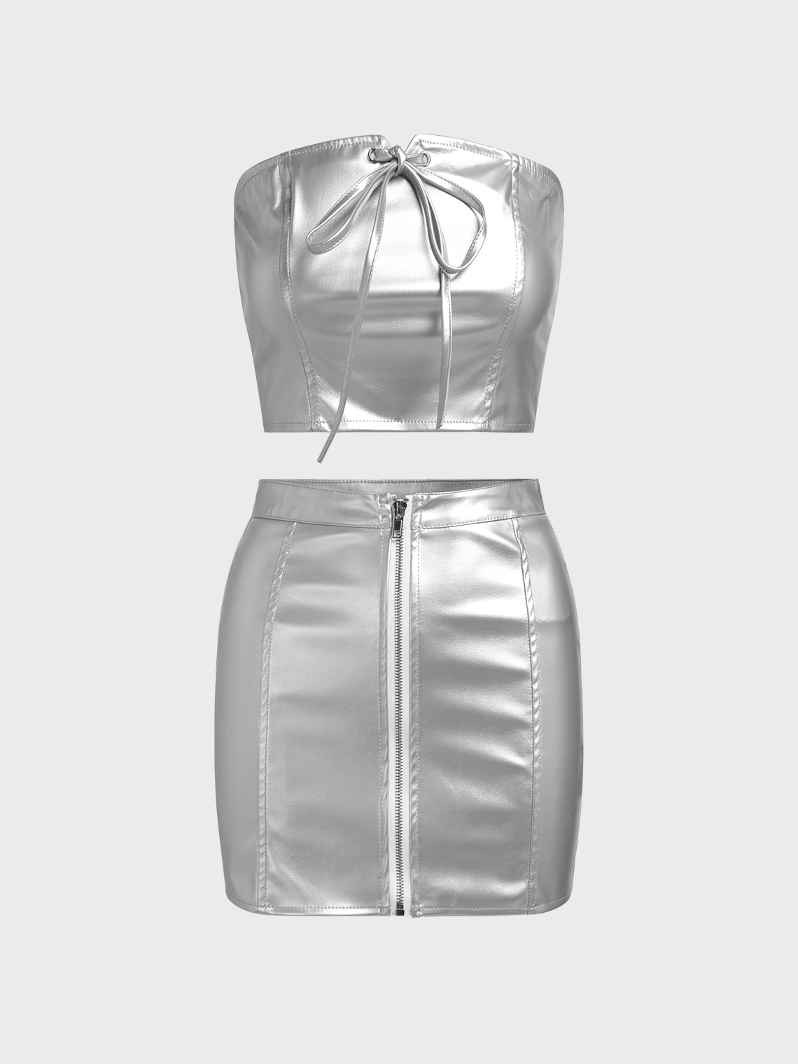 Metallic Plain Tube Top With Skirt Two-Piece Set