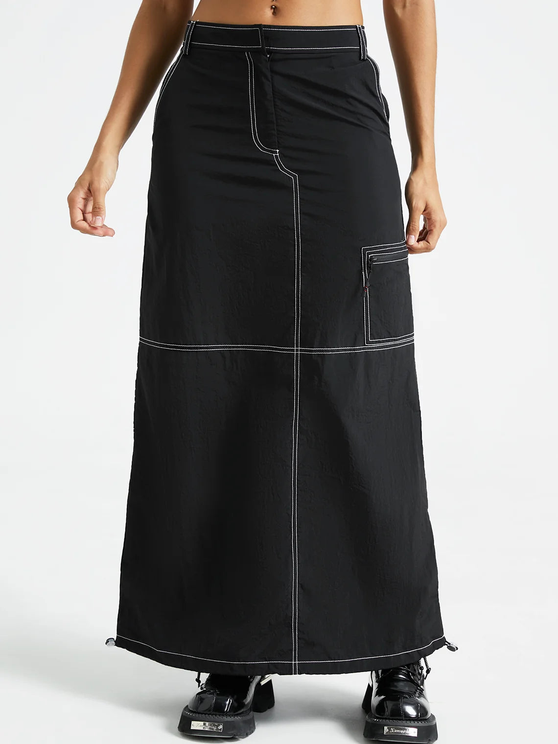 Nylon Plain Cargo Maxi Skirt