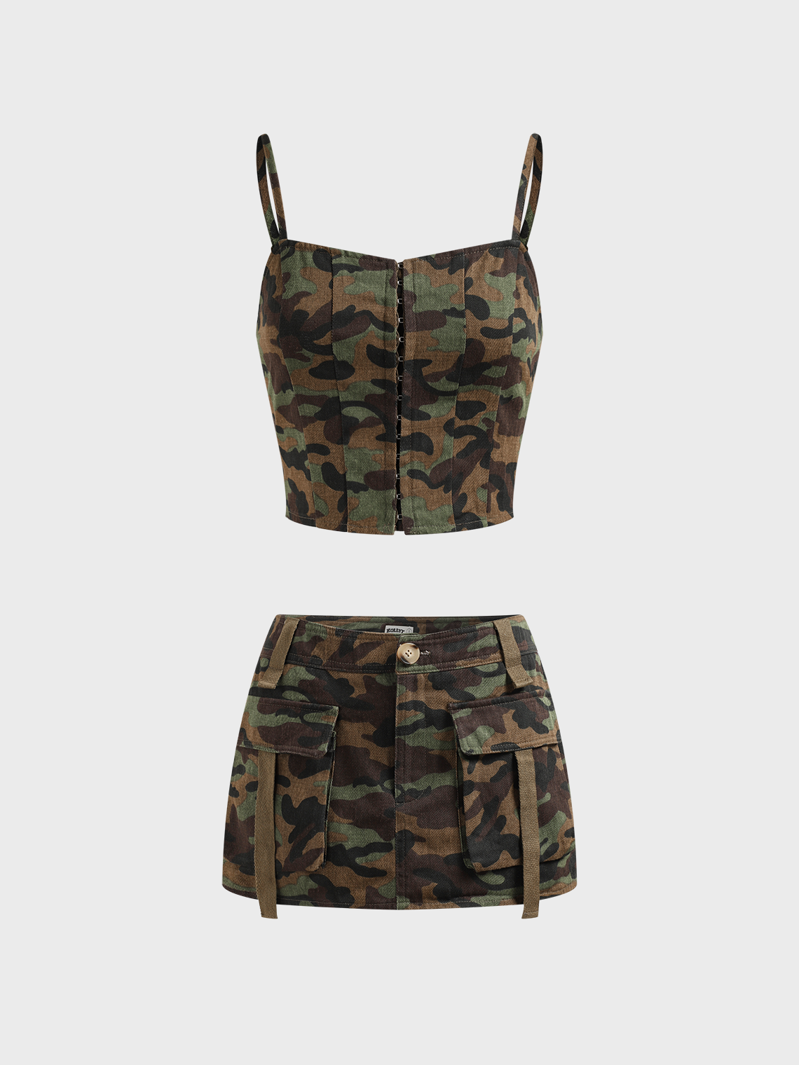 Twill Cargo Patchwork Camo Top With Skirt Two-Piece Set