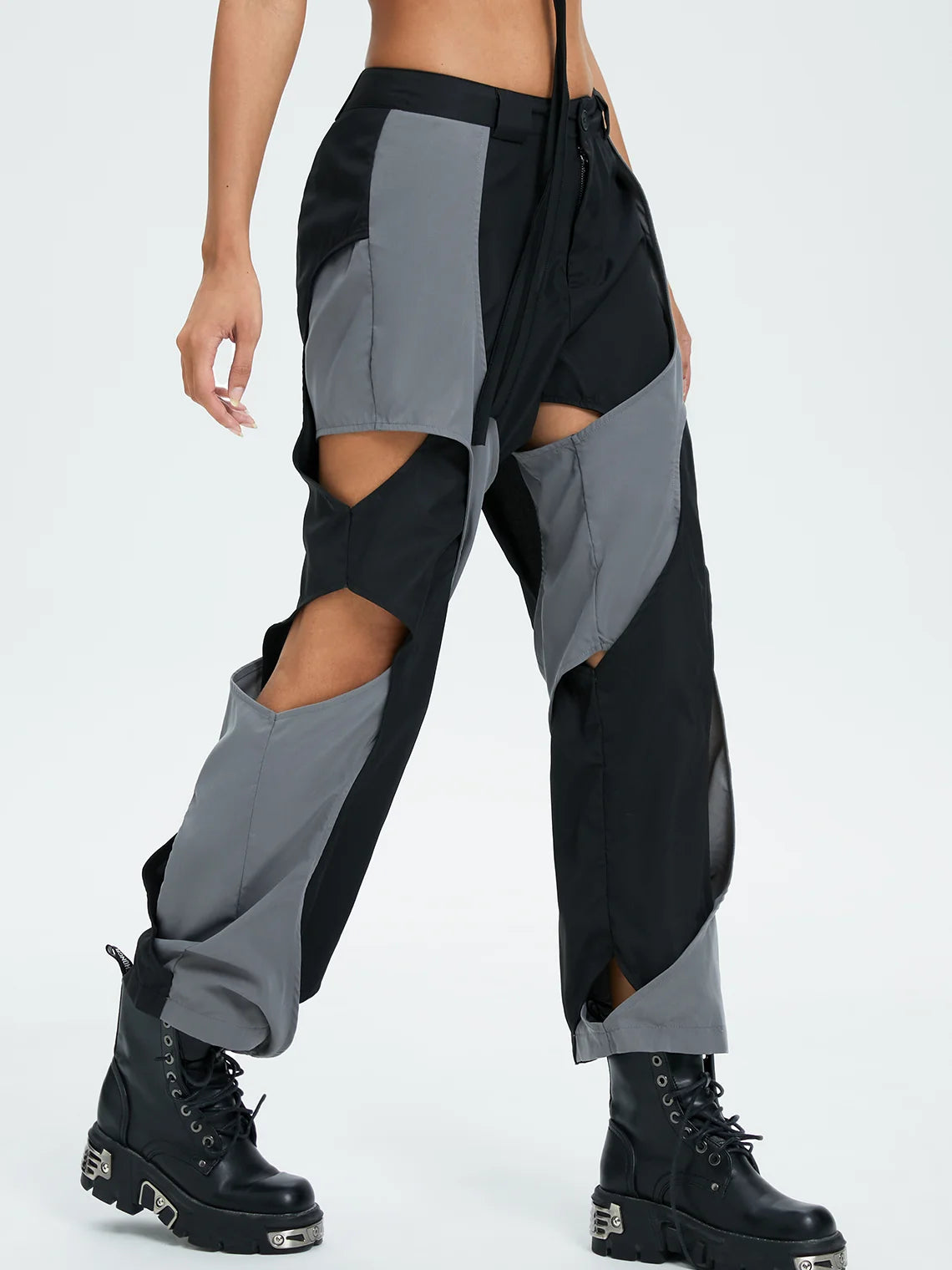 Street Gray Color block Cut out Bottom Pants