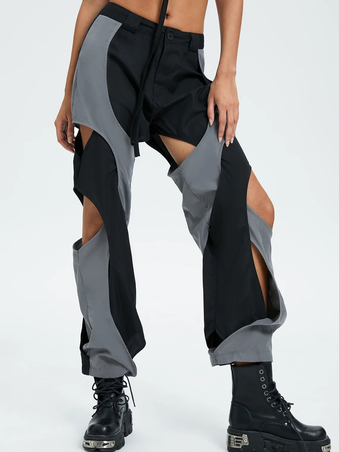 Street Gray Color block Cut out Bottom Pants