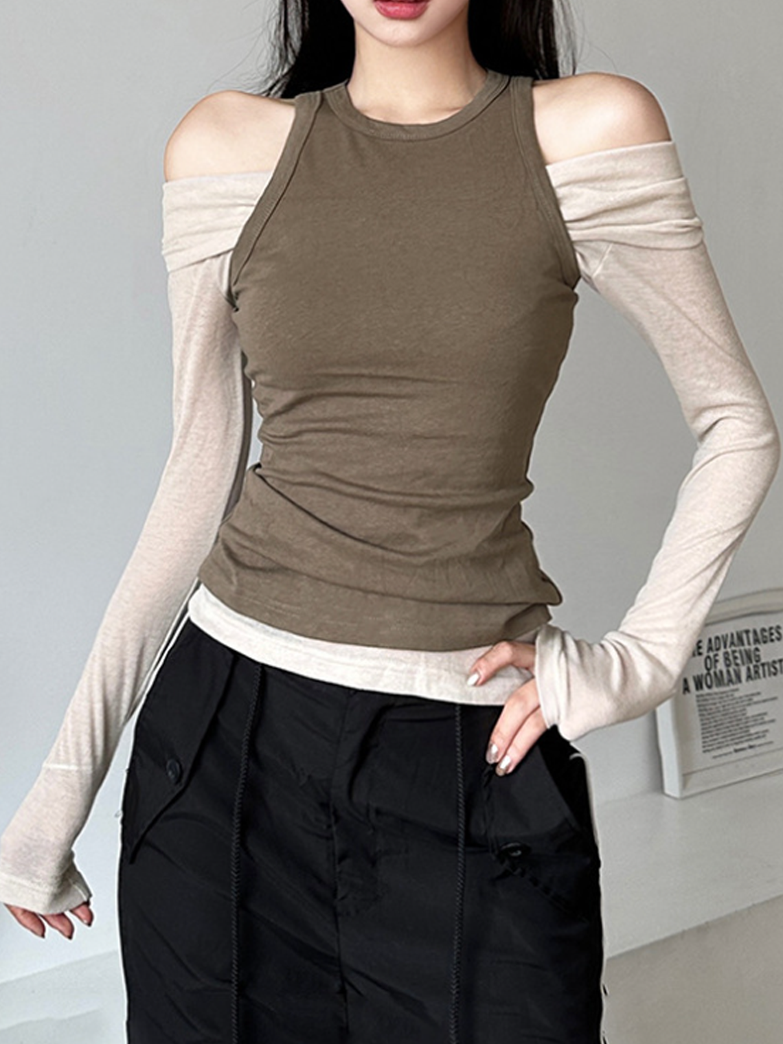 Two Pieces Crew Neck Plain Long Sleeve Shirt