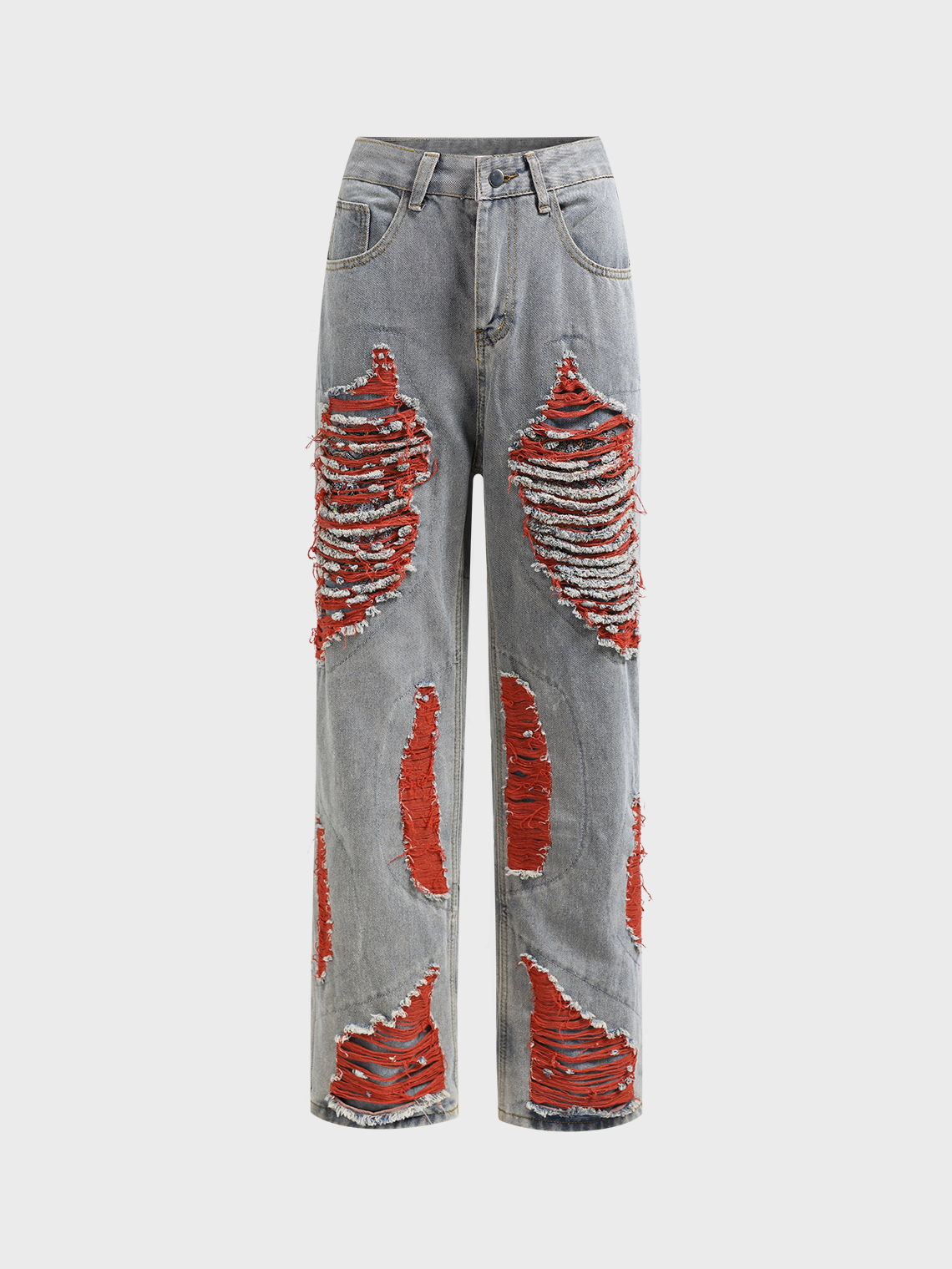 Denim Embroidery Color Block Straight Jeans