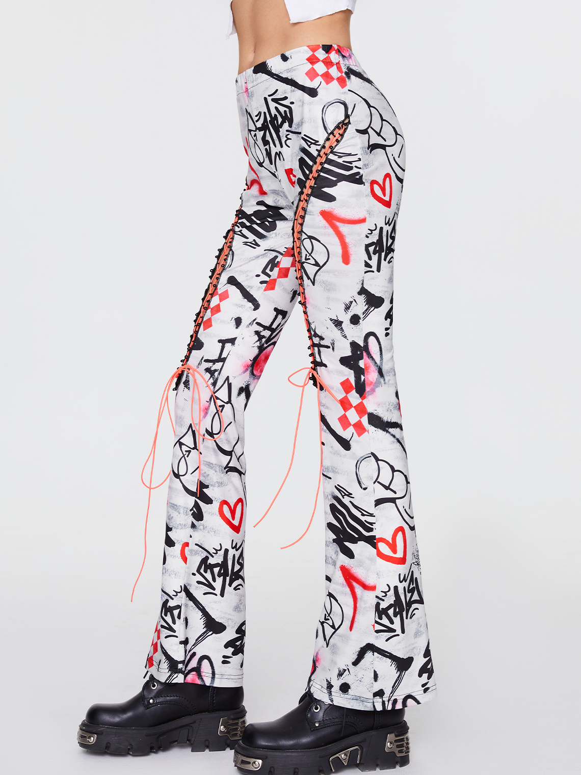 Punk White Lace-Up Design Graffiti Halloween Bottom Pants