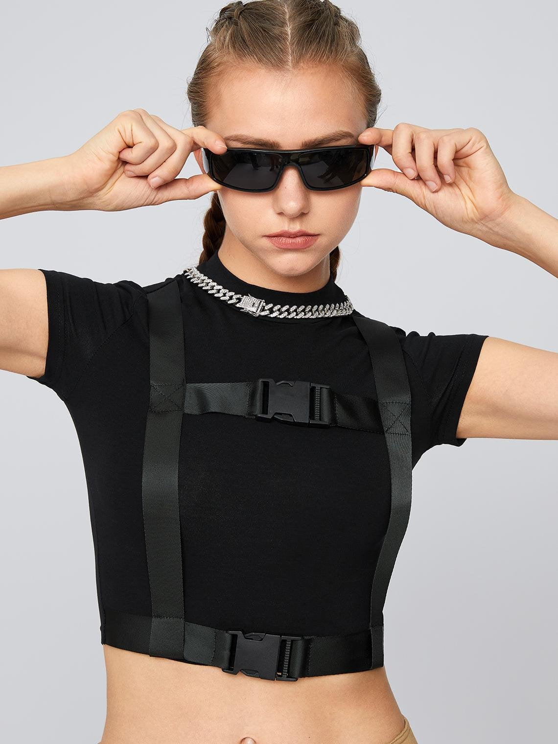 Street Black Slim Buckle Top T-Shirt