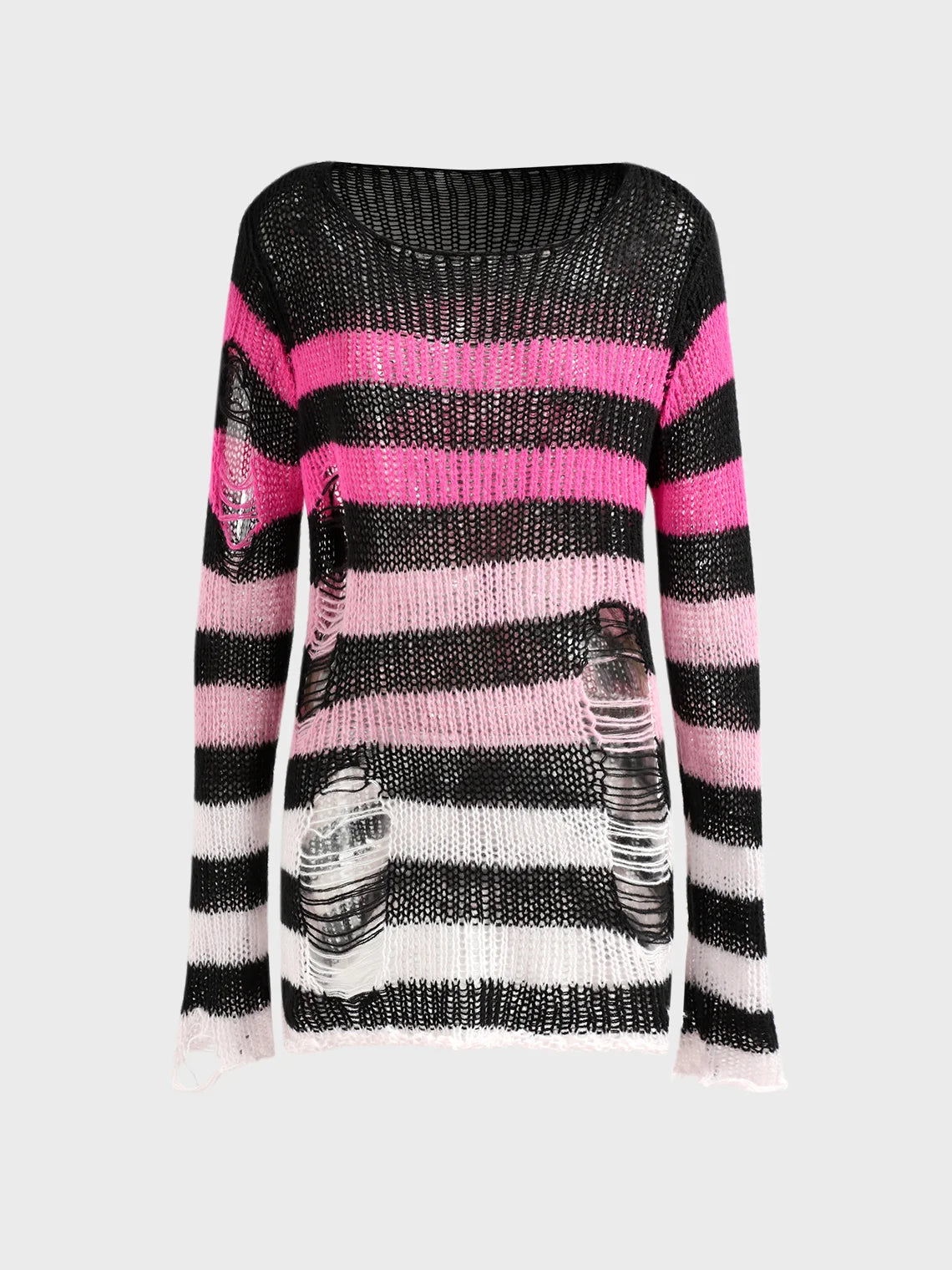 Hollow Out Crew Neck Striped Long Sleeve Short Sweater Dress