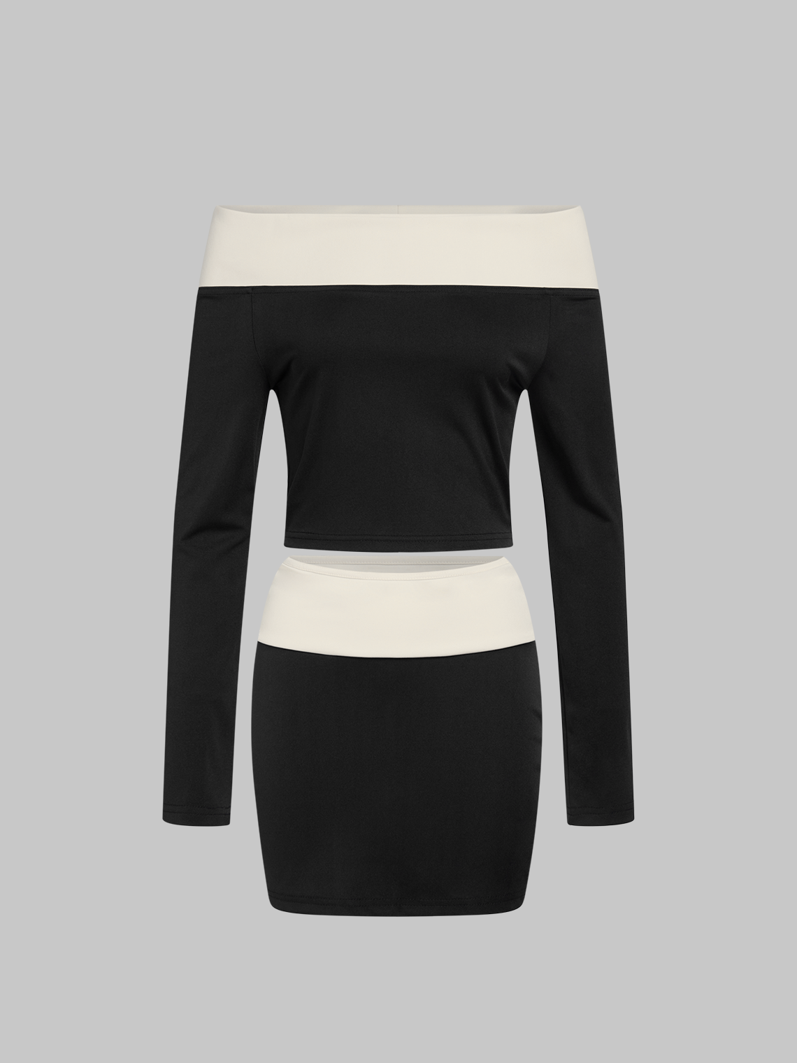 Colorblock Boat Neck Long Sleeve Top With Skirt Two-Piece Set