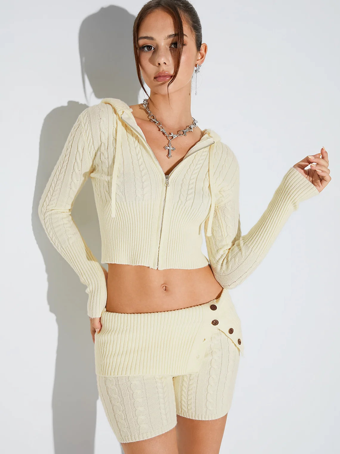 Knitted Hooded Zipper Plain Cardigan With Shorts Two-Piece Set