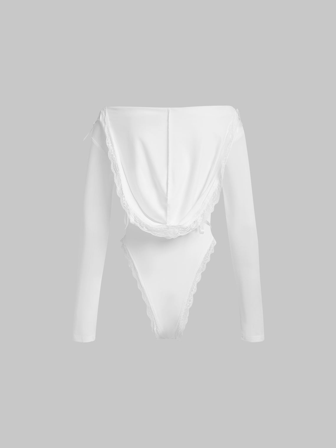 Lace Trim Hoodie Plain Long Sleeve Bodysuit