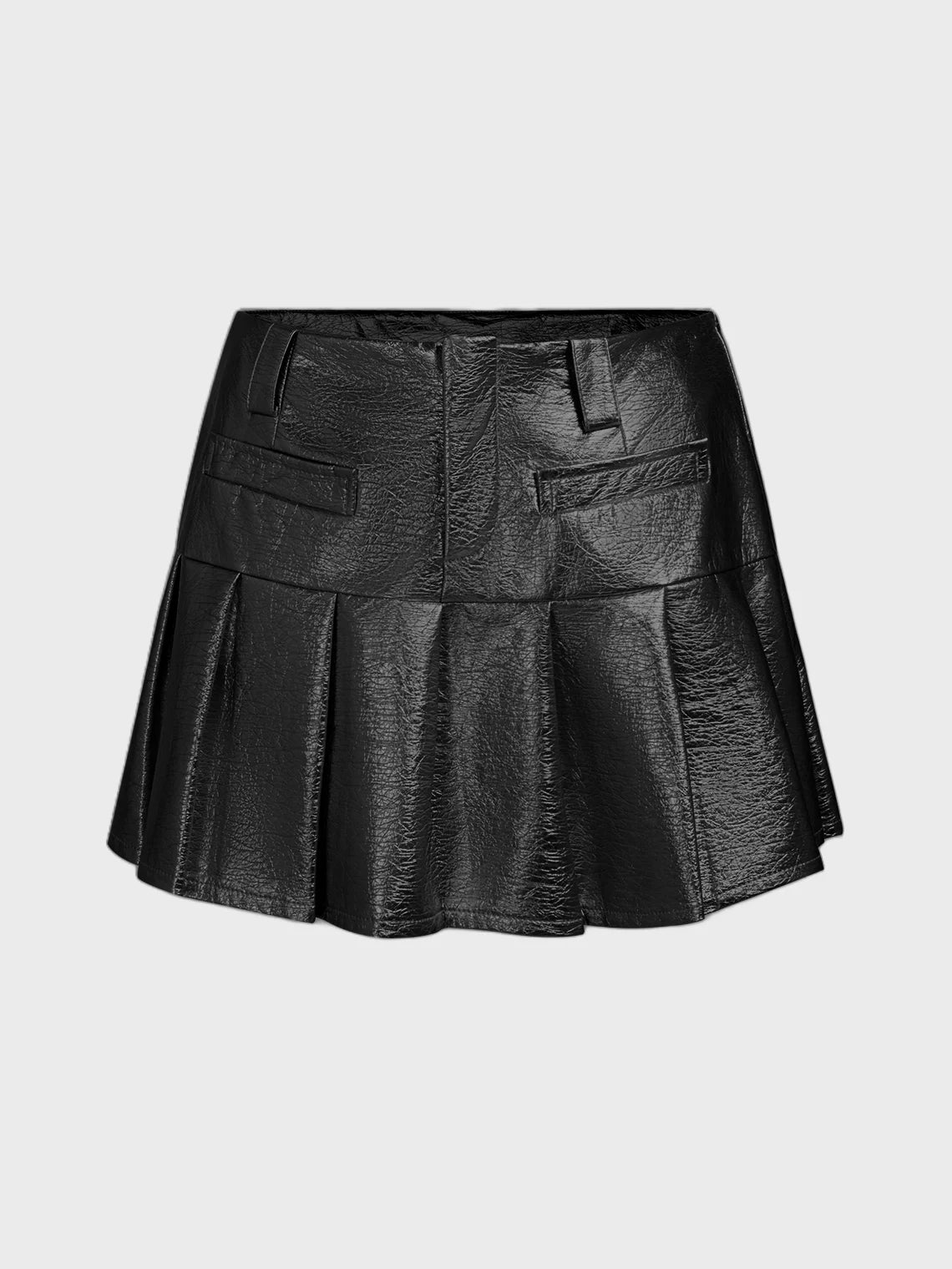 PU Pleated Plain Short Skirt