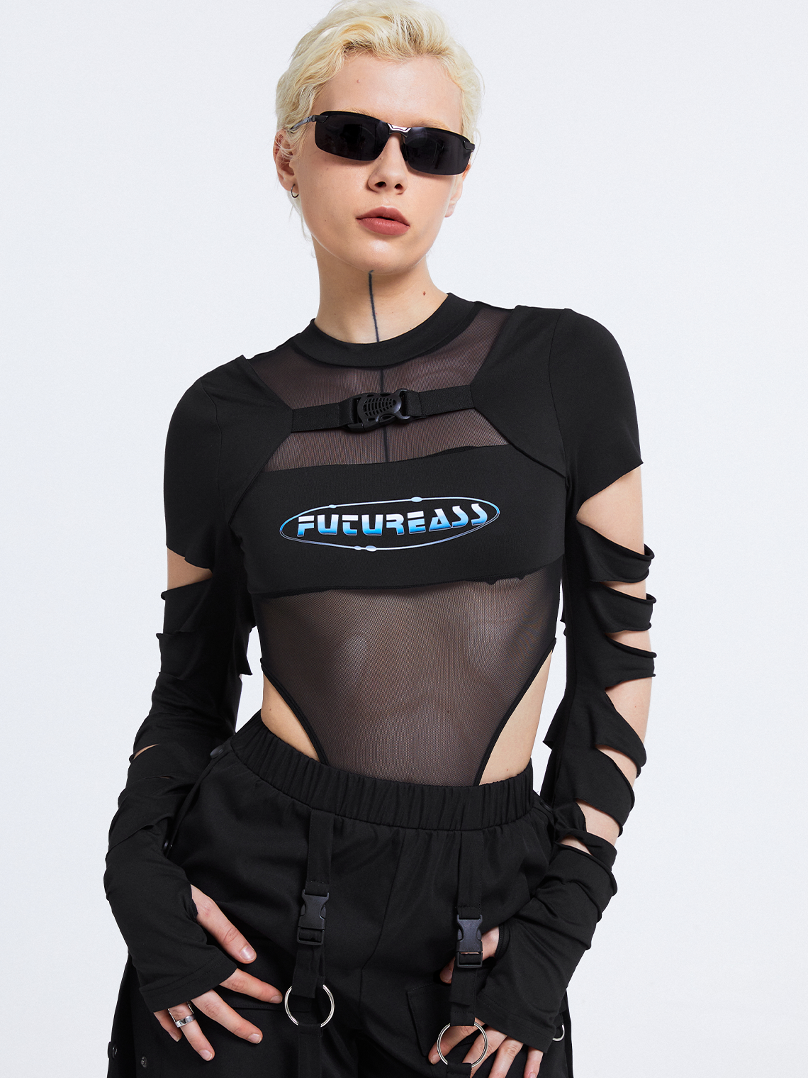 Edgy Black Graphic Patchwork Cut Out Bodysuit