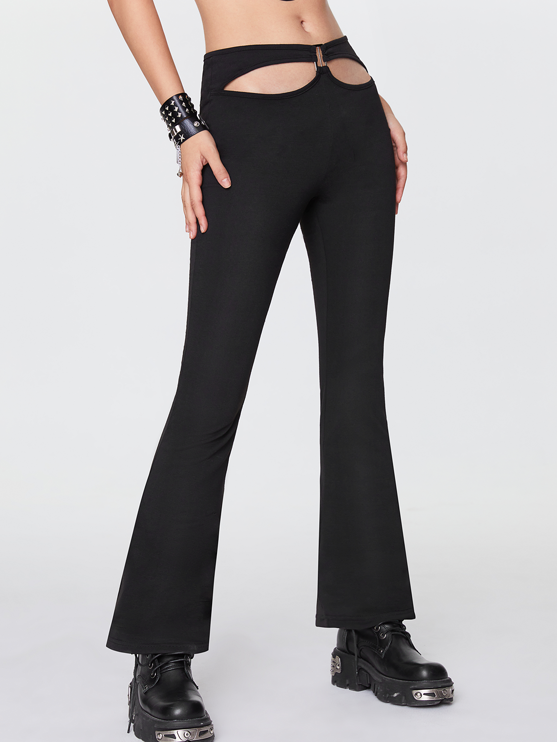 Punk Black Cut Out Flare Metal Bottom Pants