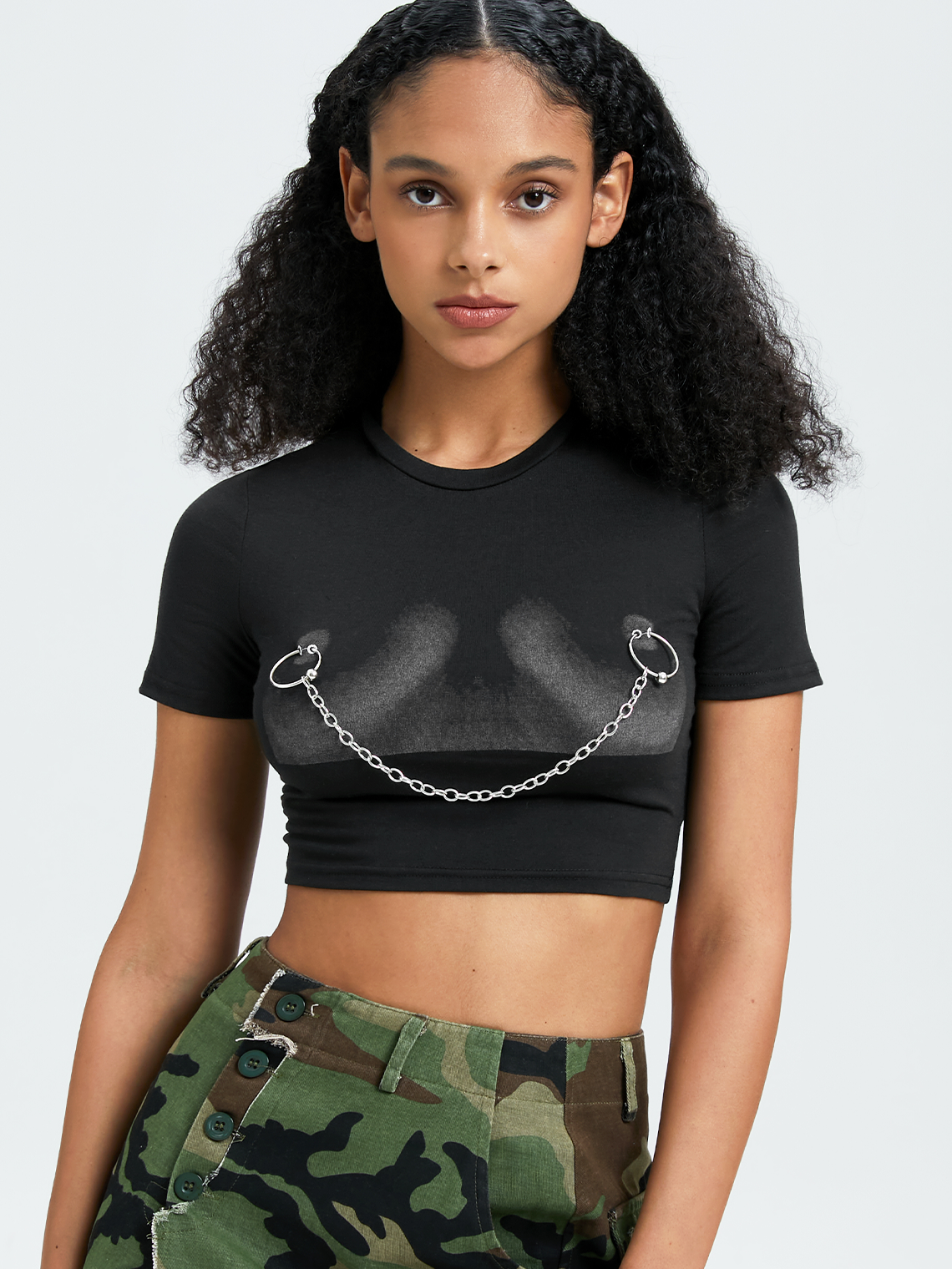 Edgy Black Body Print Metal Chain Party Top T-Shirt