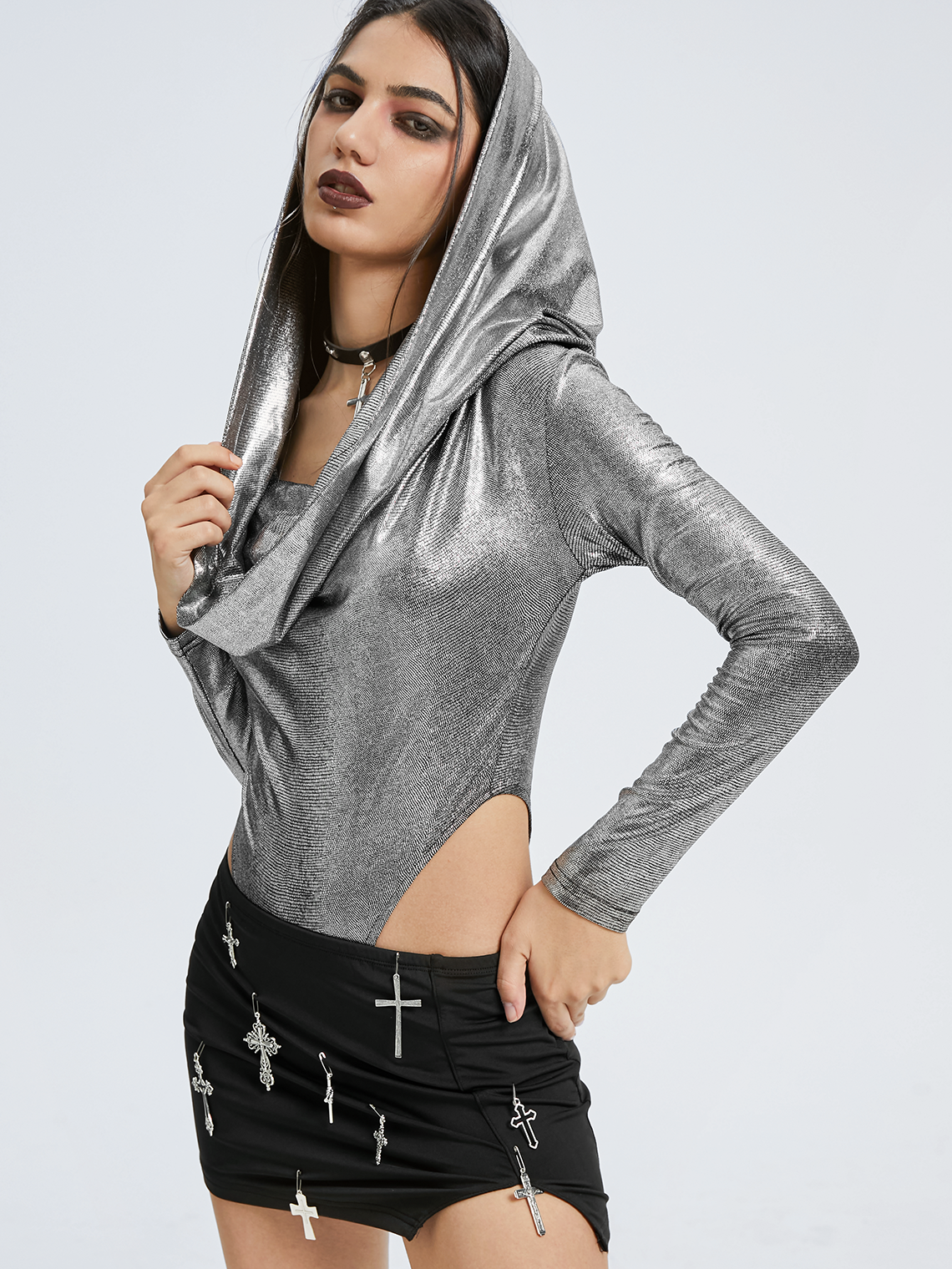 Metallic Hoodie Sliver Long Sleeve Bodysuit