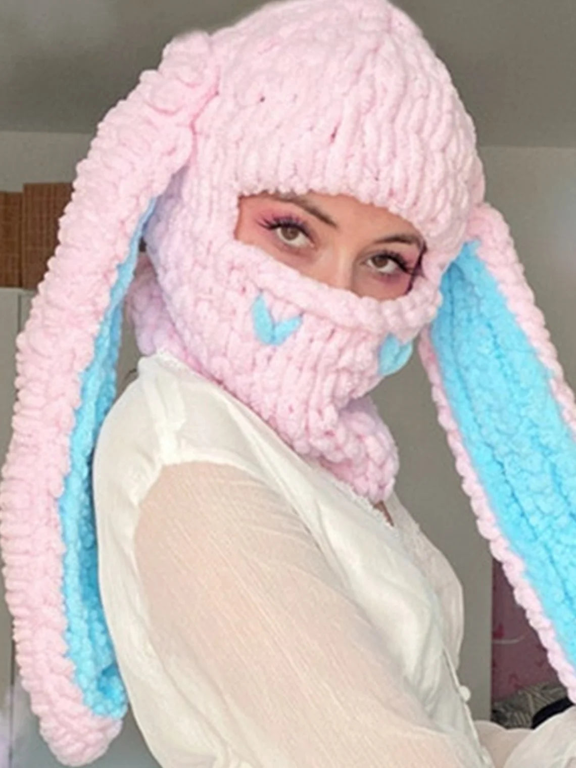 Knitted Rabbit Ear Plain Balaclava Cap