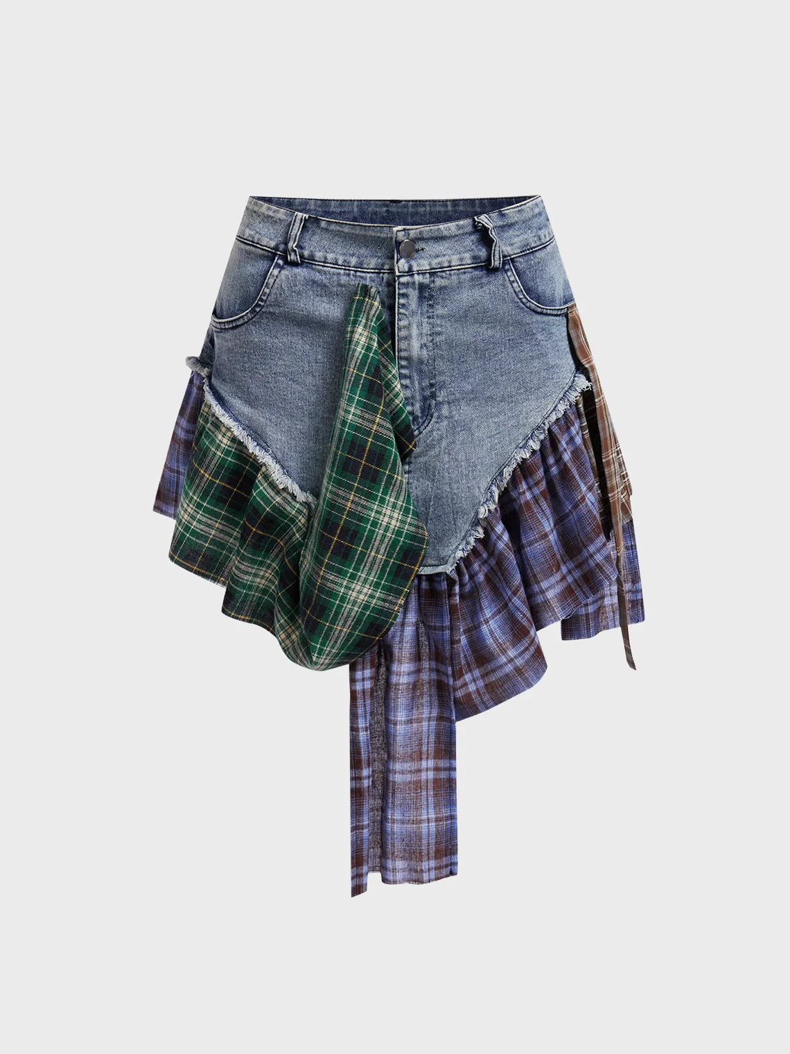 Denim Patchwork Plaid Short Skirt