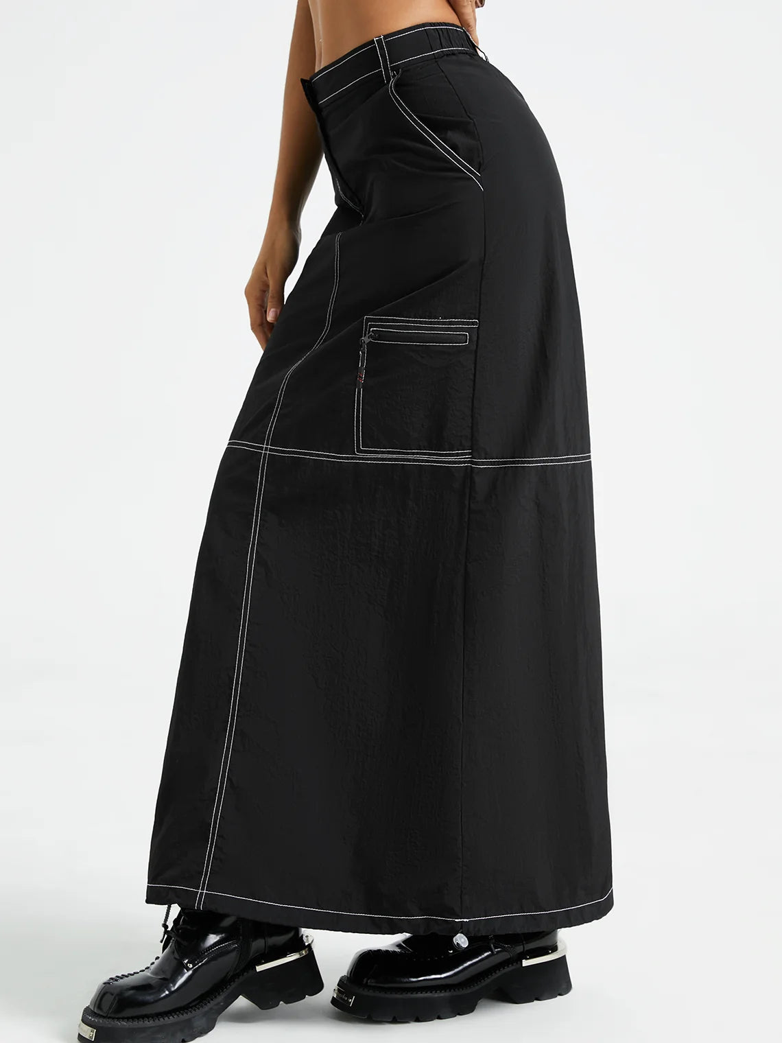 Nylon Plain Cargo Maxi Skirt