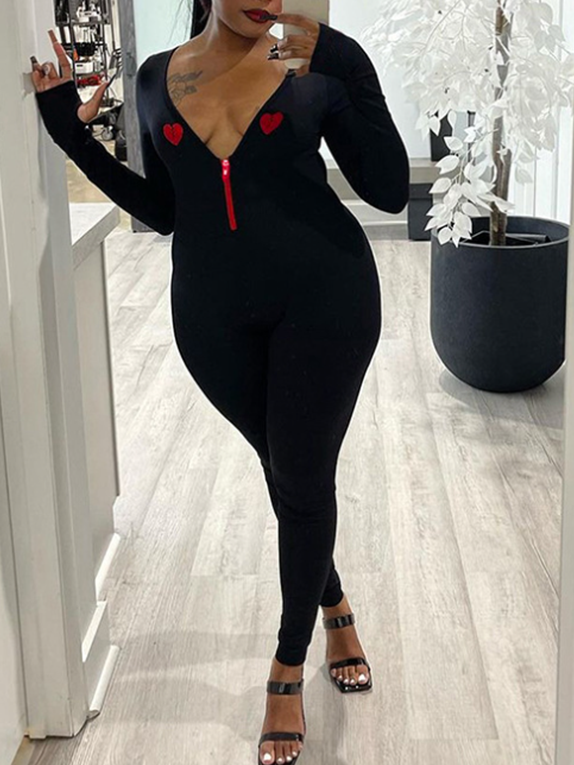 V Neck Heart Long Sleeve Jumpsuit