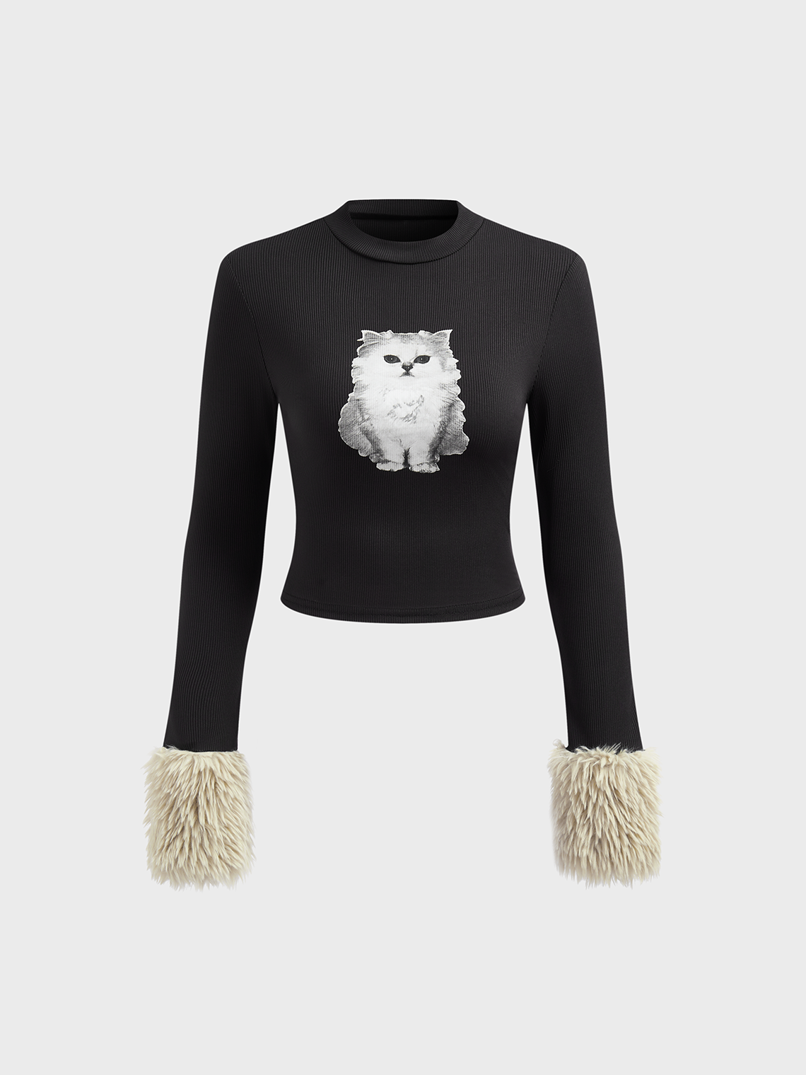 Crew Neck Cat Long Sleeve T-Shirt