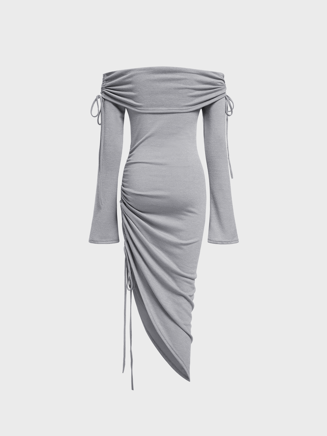 Drawstring Asymmetrical Boat Neck Plain Long Sleeve Midi Dress