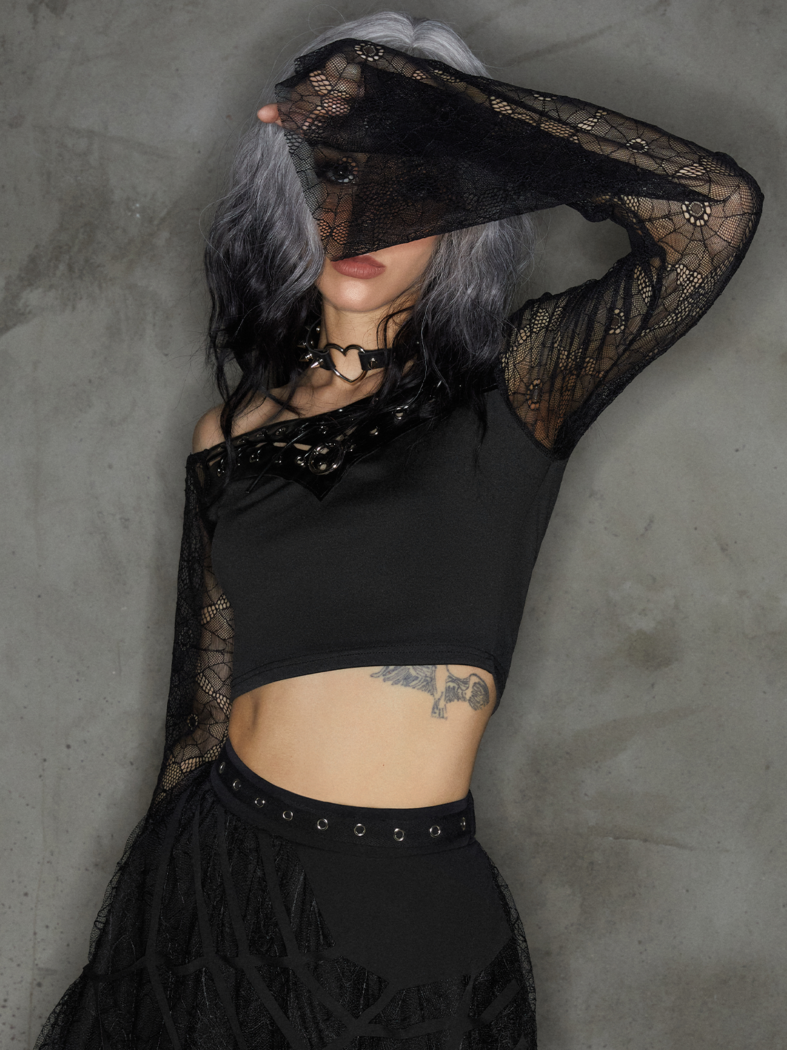 Punk Black Lace Up Patchwork Mesh Halloween Top Women Top