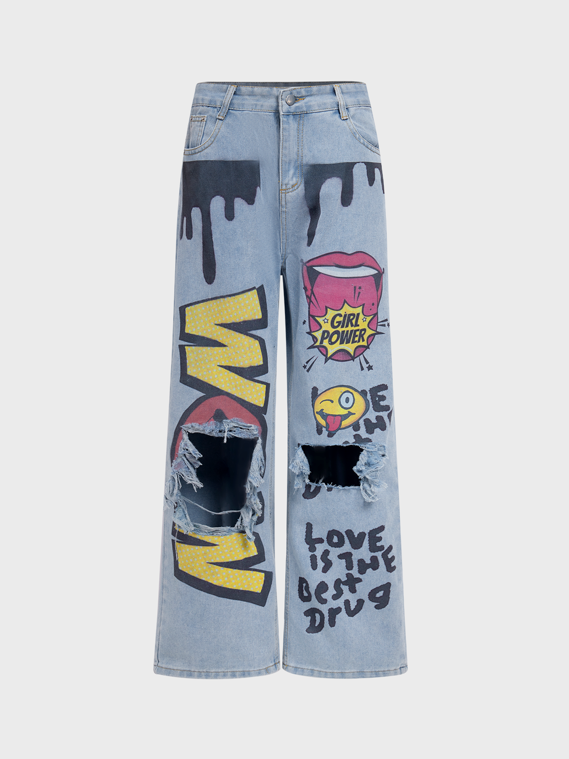 Denim Letter Pattern Cut Out Wide Leg Jeans