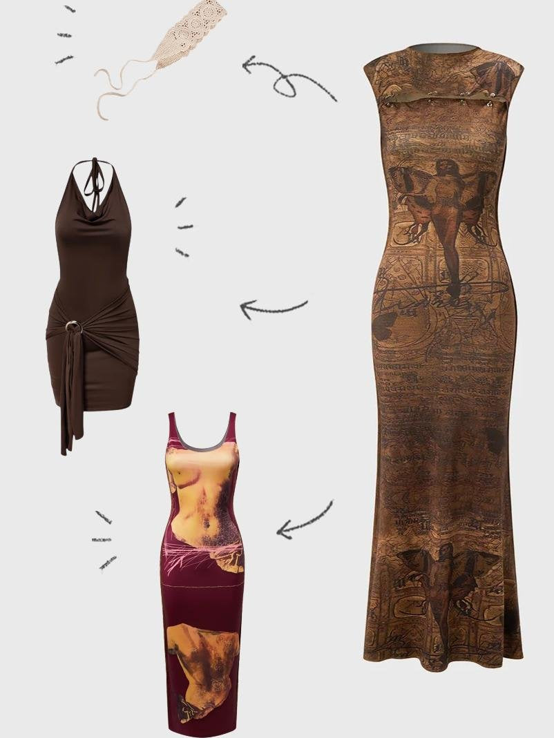 Edgy Brown Vintage Cut Out Metal Dress Midi Dress